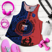Women’s racerback tank, red-and-navy Polynesian graphic Independence Day text front