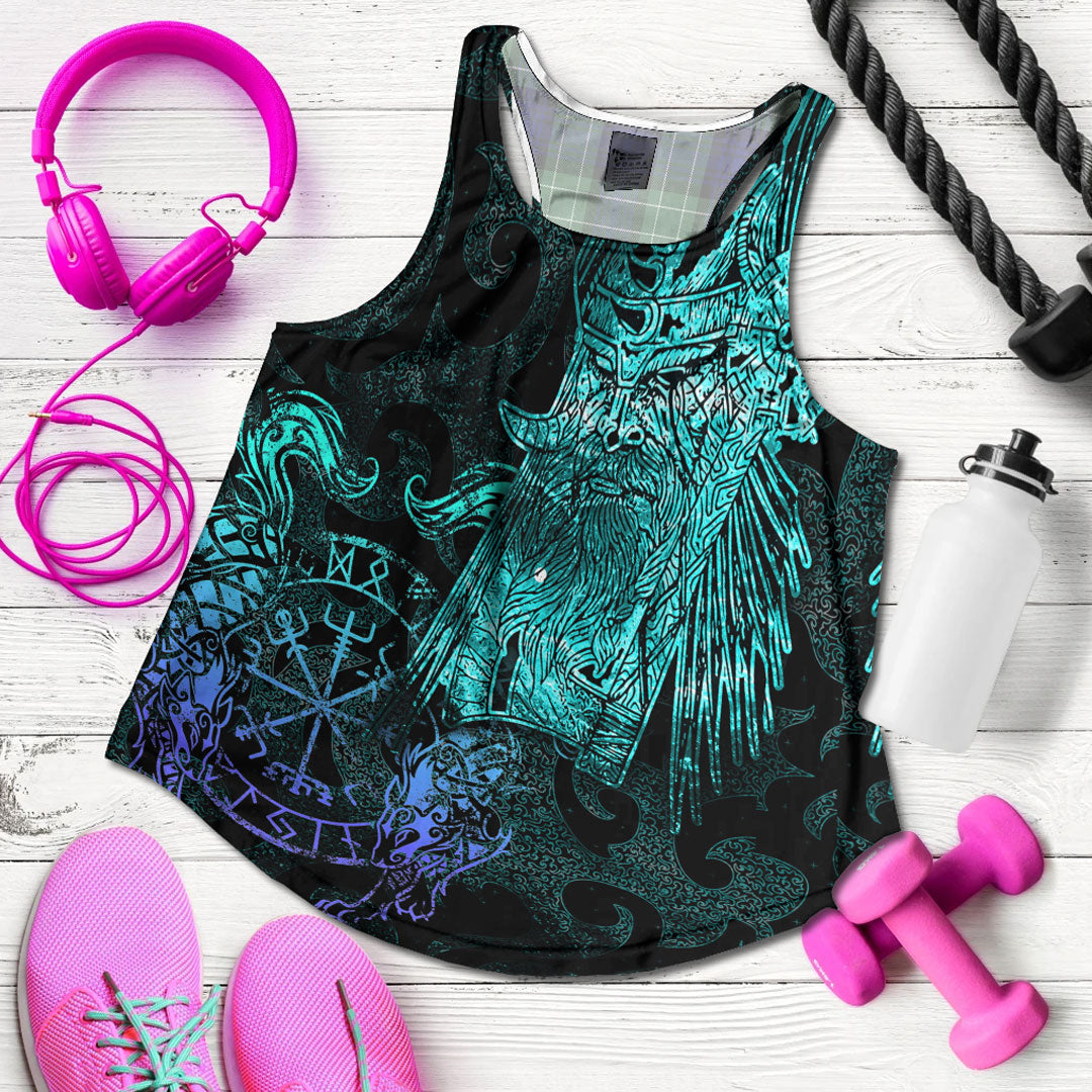 Viking Clothing Viking Odin Tattoo Cyan Version Women's Racerback Tank RLT12 - Wonder Print Shop