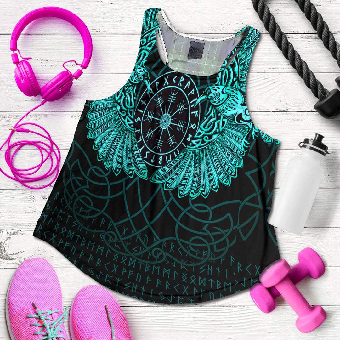 Viking Clothing Viking Odin's Celtic Two Ravens Cyan Version Women's Racerback Tank RLT12 - Wonder Print Shop