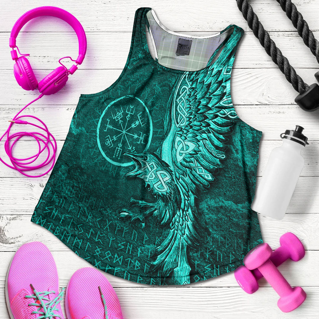 Viking Clothing Vegvisir With Raven Viking Compass Women's Racerback Tank Cyan Version RLT12 - Wonder Print Shop