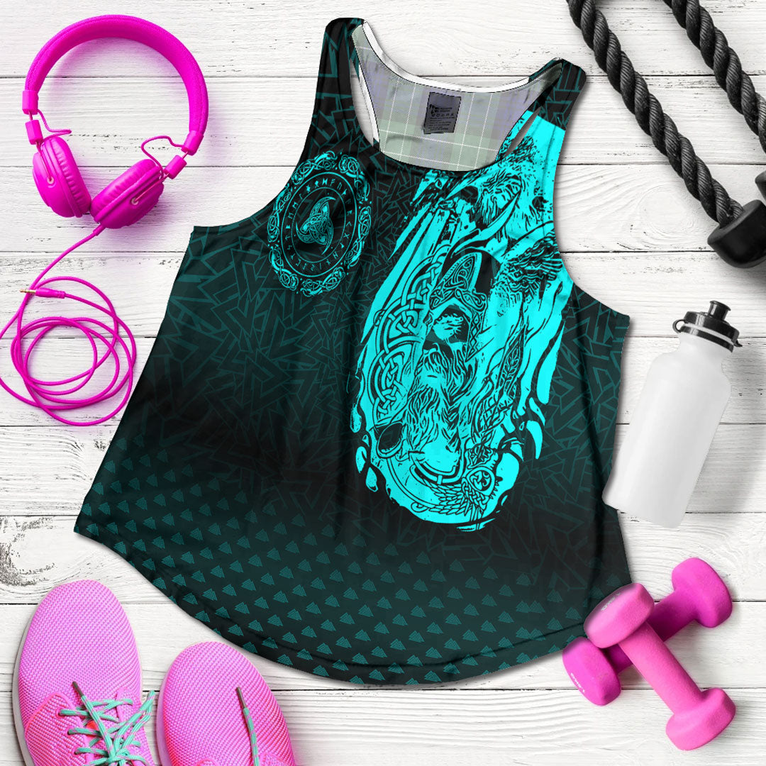 Viking Clothing Viking Odin Raven Tattoo Style Cyan Version Women's Racerback Tank RLT12 - Wonder Print Shop