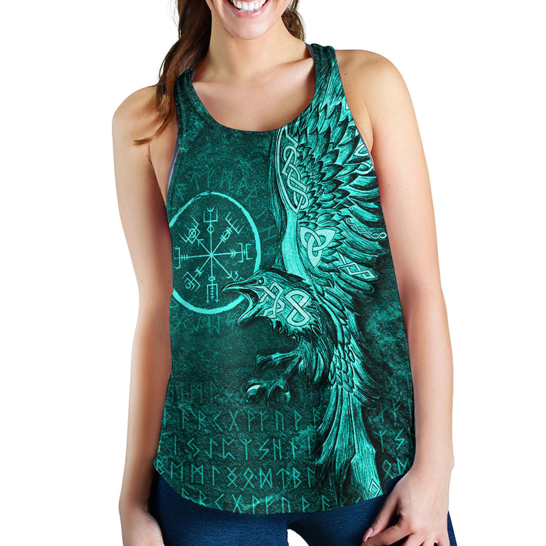 Viking Clothing Vegvisir With Raven Viking Compass Women's Racerback Tank Cyan Version RLT12 - Wonder Print Shop