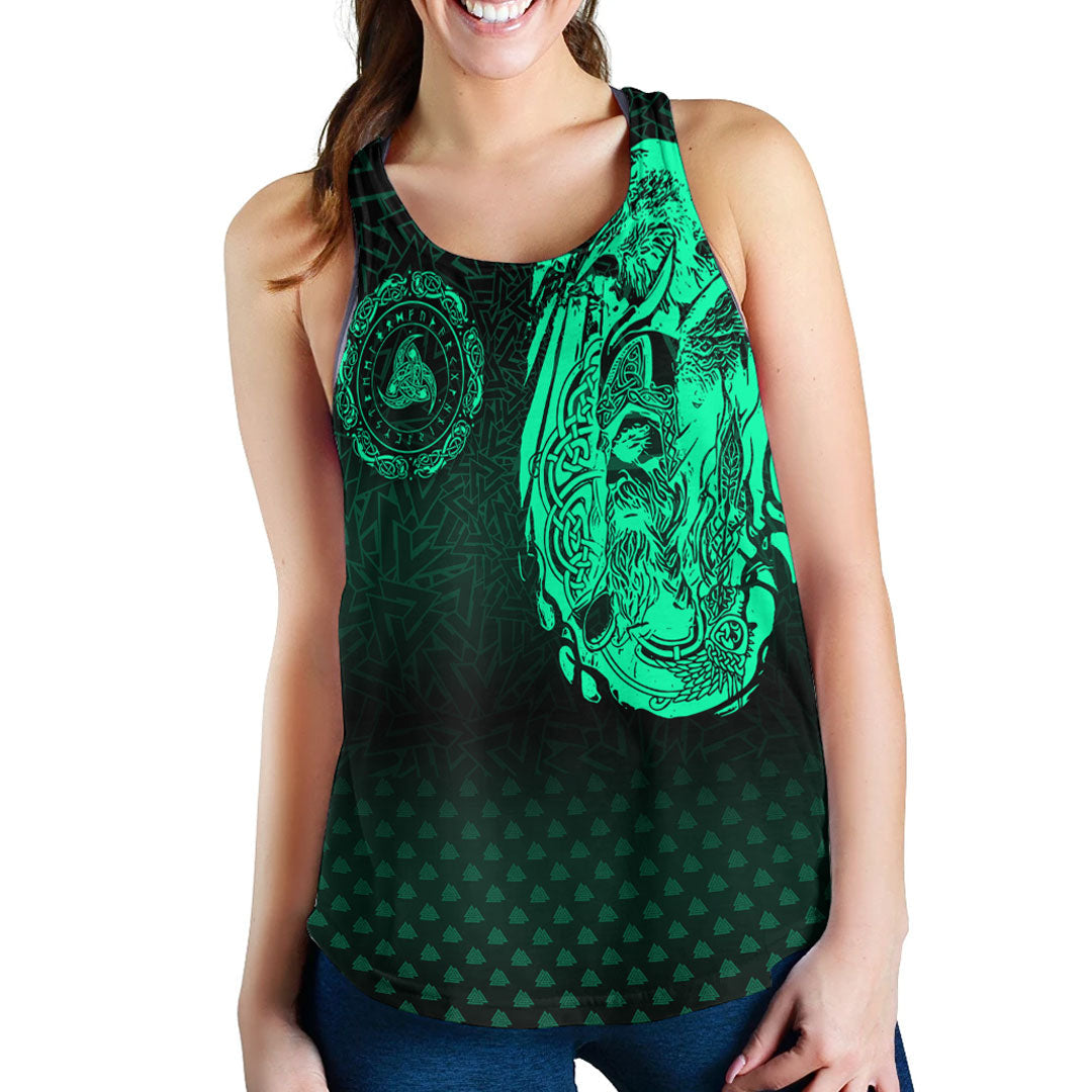Viking Clothing Viking Odin Raven Tattoo Style Green Version Women's Racerback Tank RLT12 - Wonder Print Shop