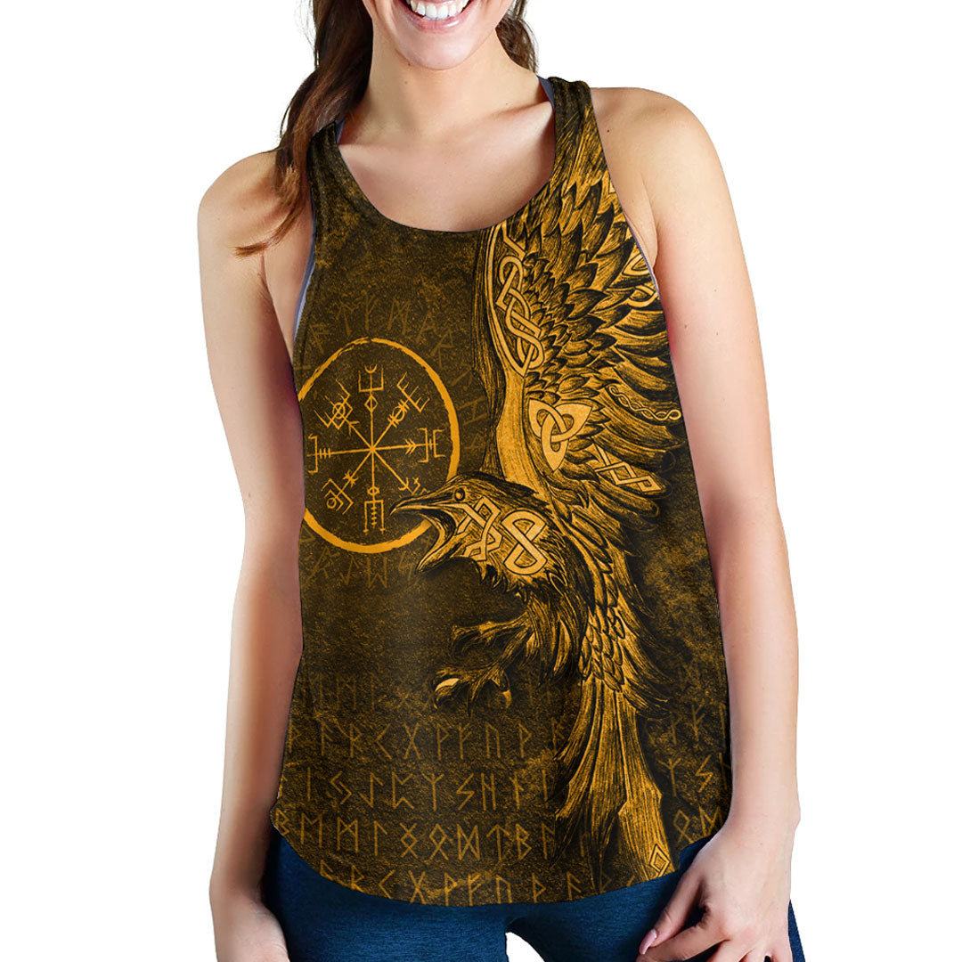 Viking Clothing Vegvisir With Raven Viking Compass Gold Version Women's Racerback Tank RLT12 - Wonder Print Shop