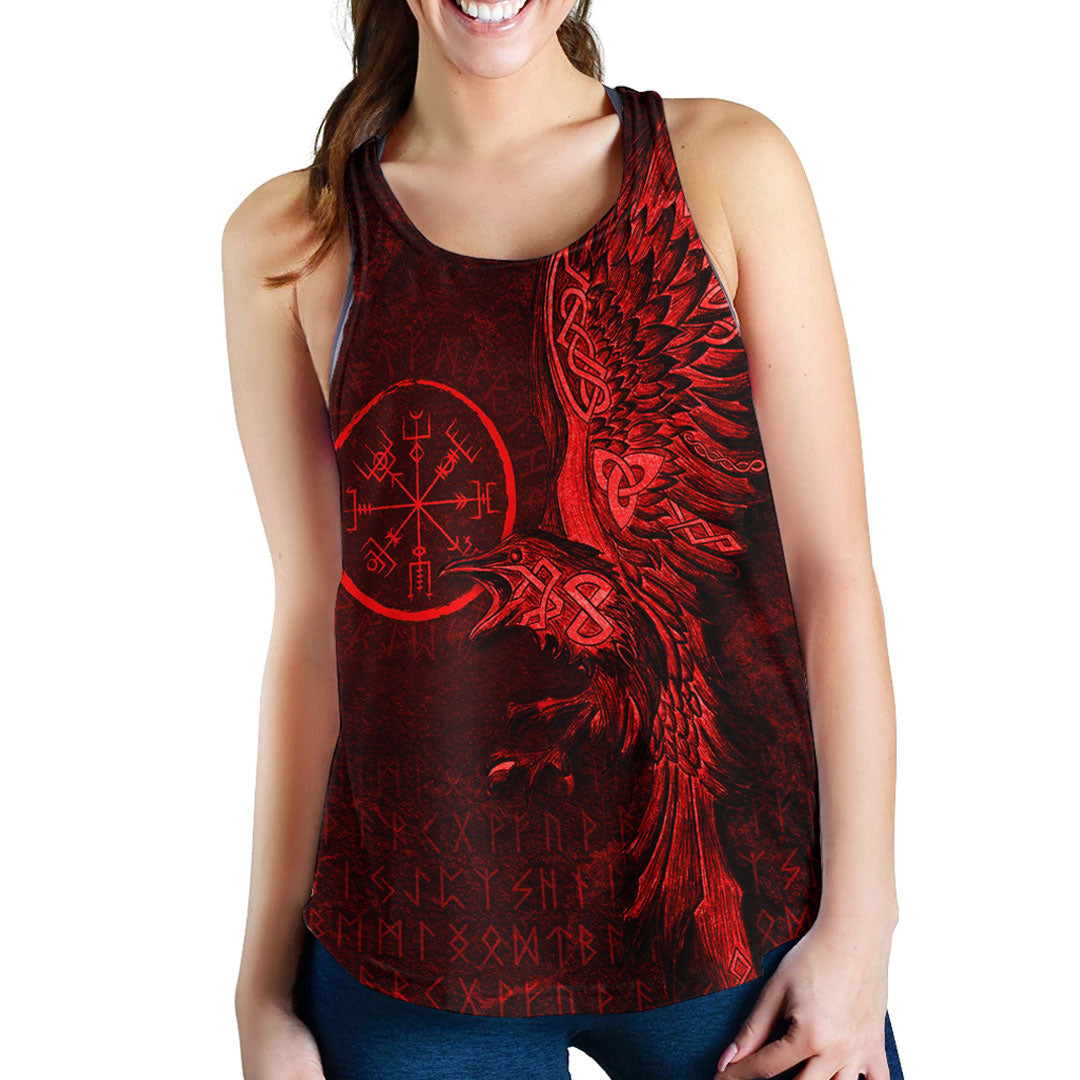 Viking Clothing Vegvisir With Raven Viking Compass Women's Racerback Tank Red Version RLT12 - Wonder Print Shop