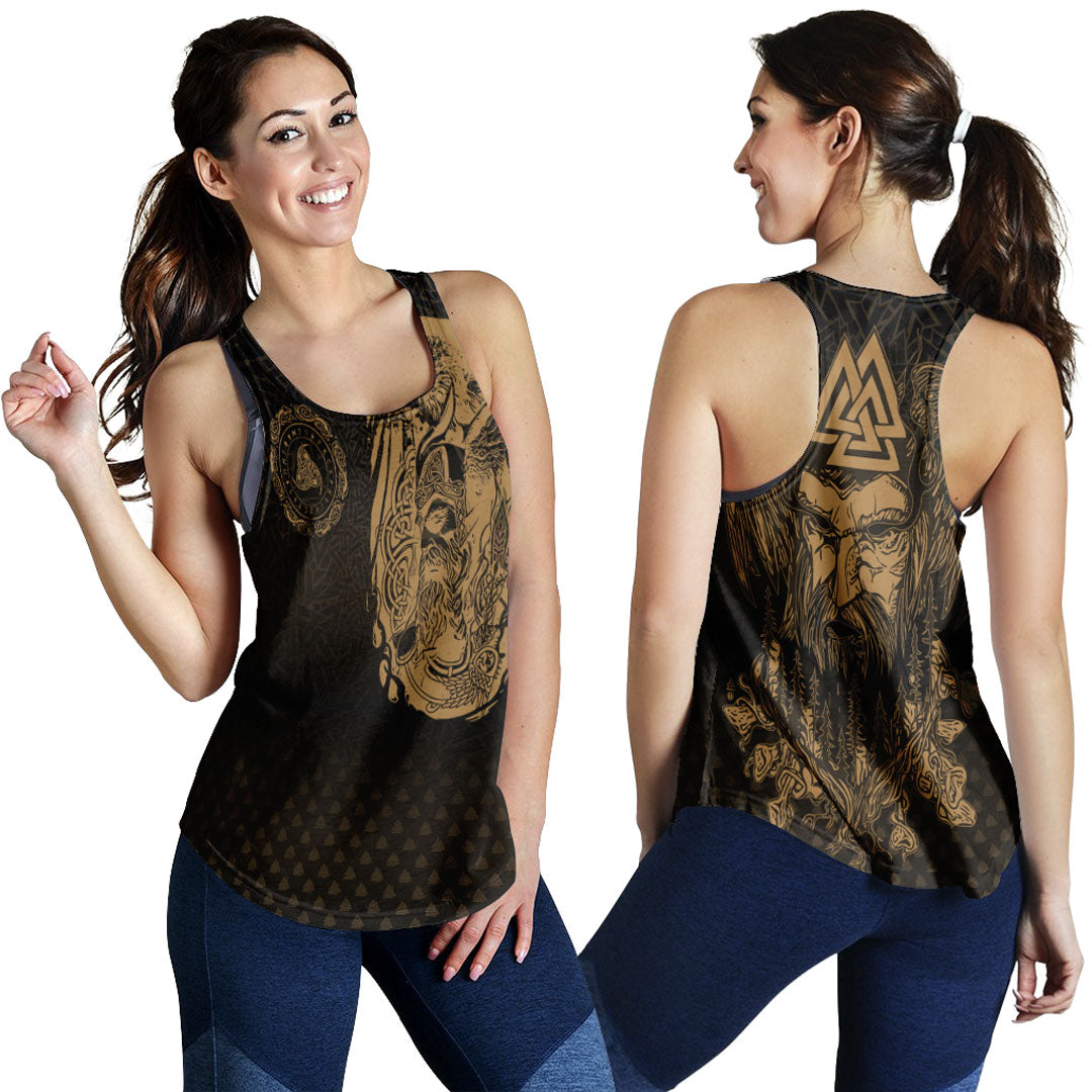 Viking Clothing Viking Odin Raven Tattoo Style Gold Version Women's Racerback Tank RLT12 - Wonder Print Shop