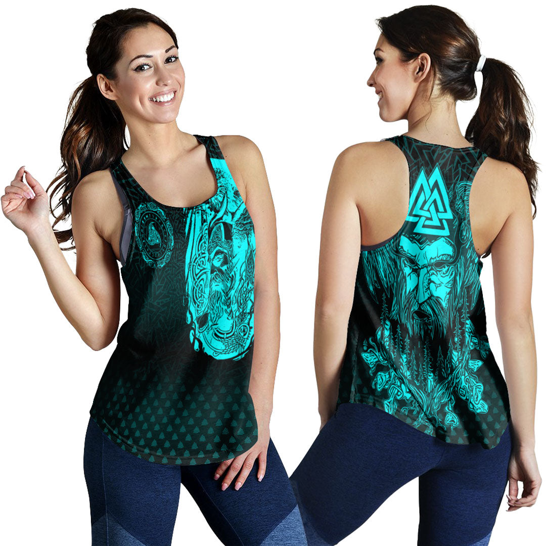 Viking Clothing Viking Odin Raven Tattoo Style Cyan Version Women's Racerback Tank RLT12 - Wonder Print Shop