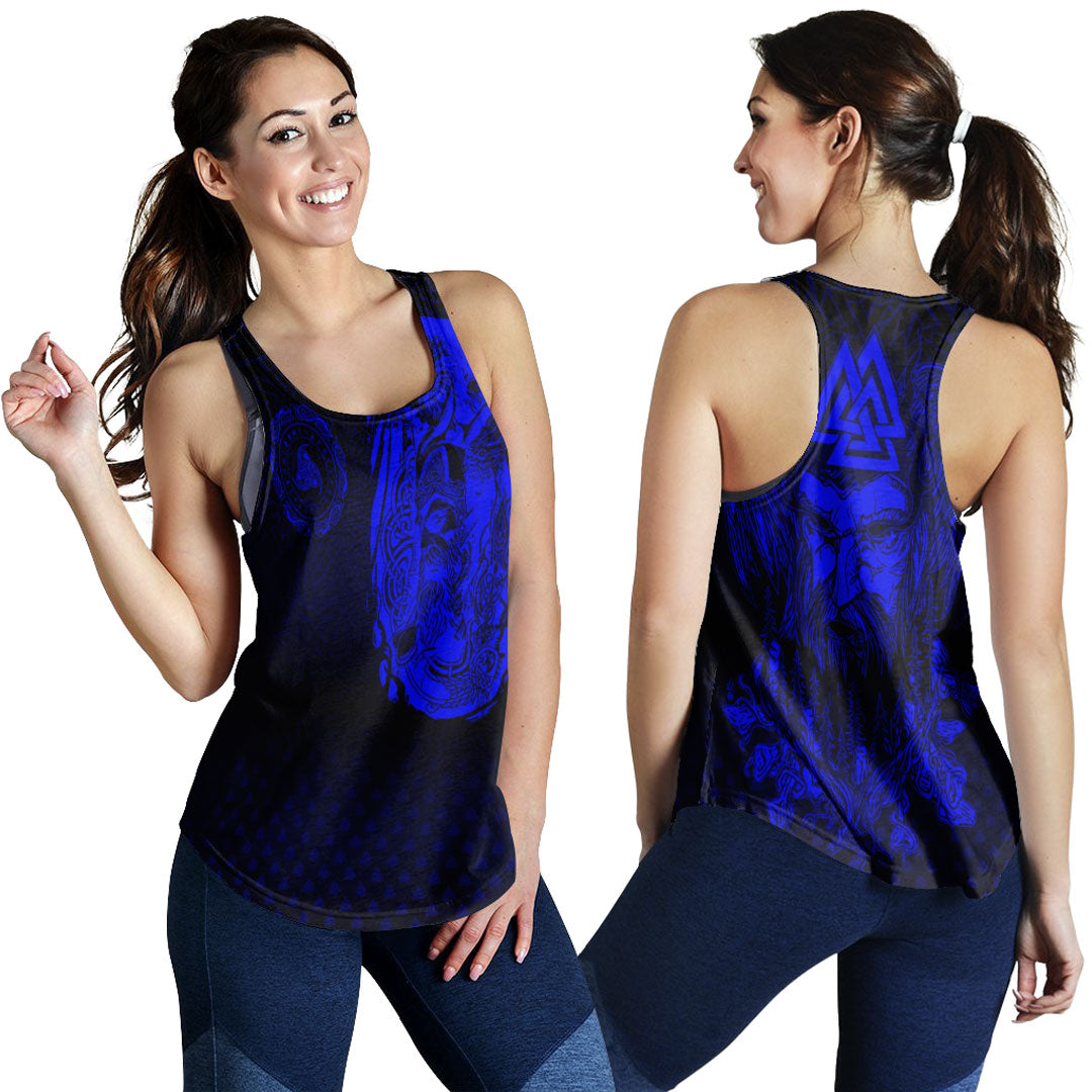 Viking Clothing Viking Odin Raven Tattoo Style Blue Version Women's Racerback Tank RLT12 - Wonder Print Shop