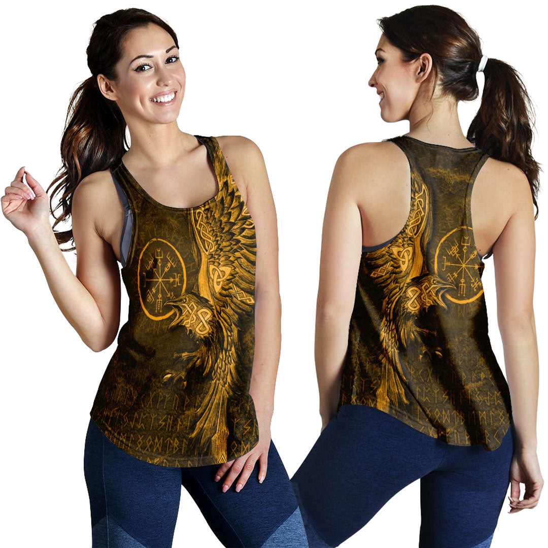 Viking Clothing Vegvisir With Raven Viking Compass Gold Version Women's Racerback Tank RLT12 - Wonder Print Shop
