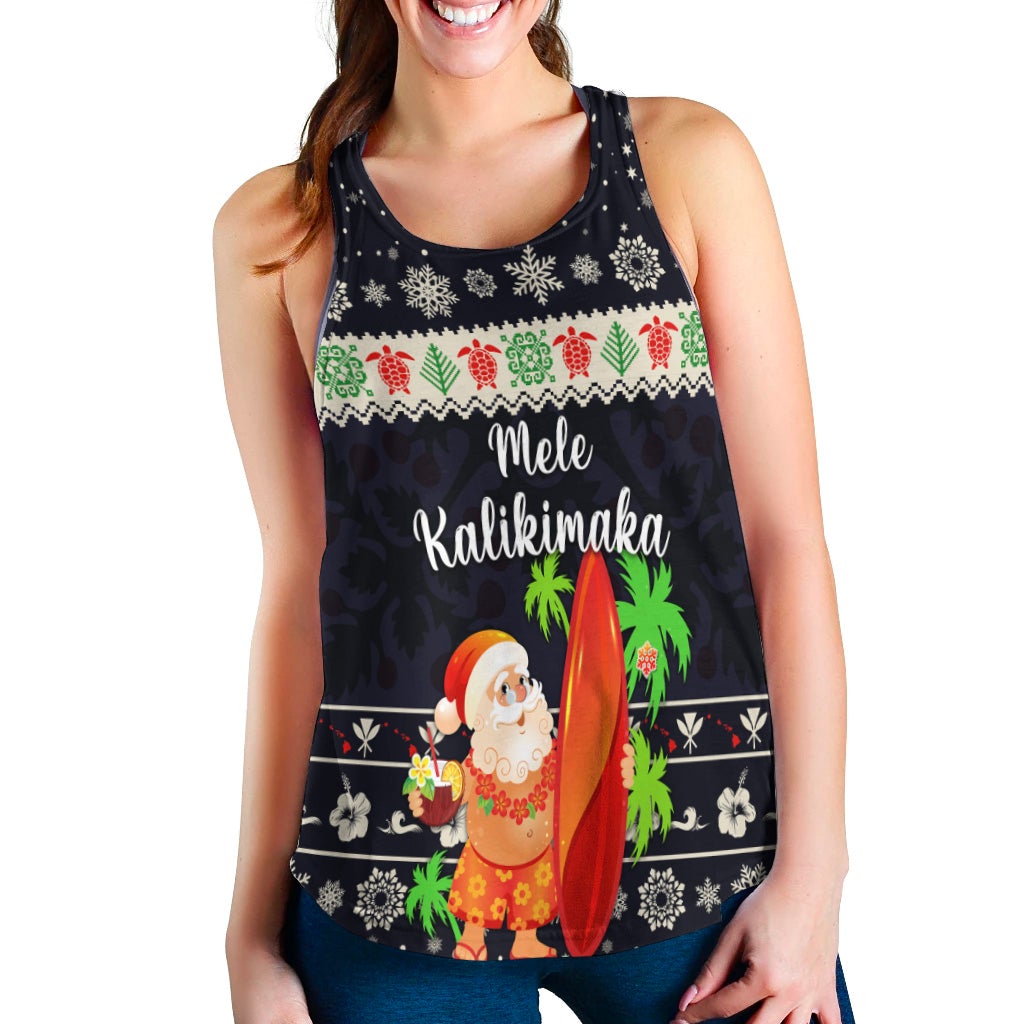 Navy racerback tank with Santa and surfboard, snowflake top and tropical print