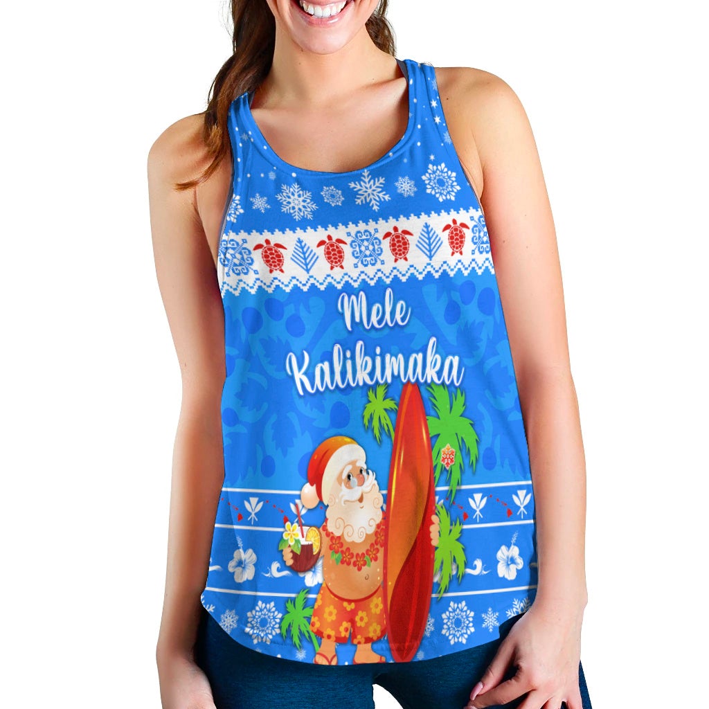 Back view: blue racerback tank with Santa surf graphic and snowflake pattern