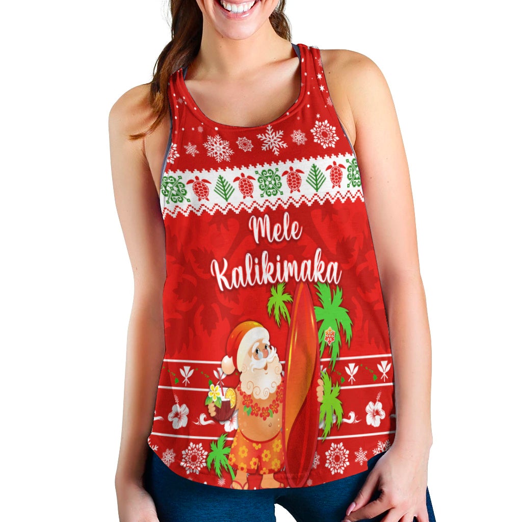 Red racerback tank with Santa surfing holiday print and 'Mele Kalikimaka' text
