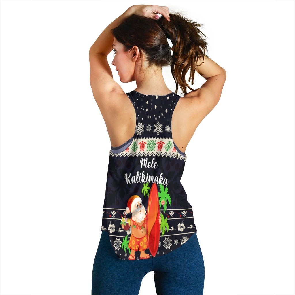 Navy racerback tank back with Santa surfing graphic, holiday border and snowflakes