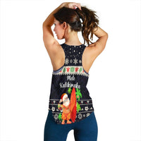 Navy racerback tank back with Santa surfing graphic, holiday border and snowflakes