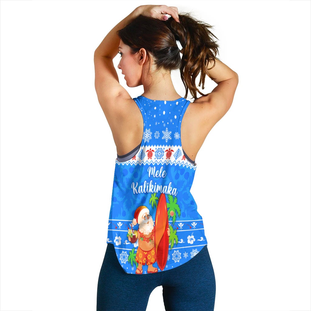Blue racerback tank back view with Santa and surfboard graphic