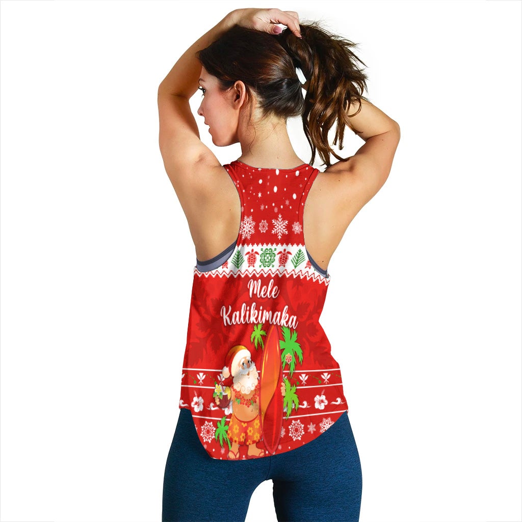 Red racerback tank back view with snowflake pattern and Santa surfing graphic at hem