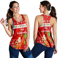 Red racerback tank, Santa surfing holiday graphic with 'Mele Kalikimaka' (front and back)