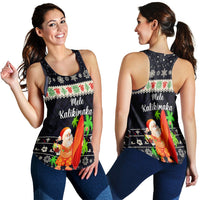 Navy women's racerback tank with Santa surfing graphic and festive snowflake pattern