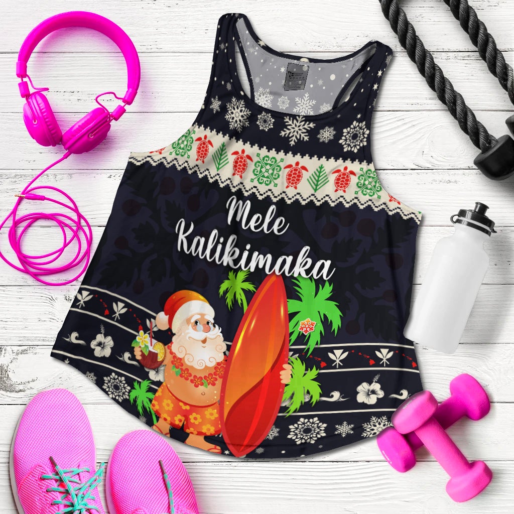 Navy racerback tank laid flat with Santa surfing graphic, snowflake and tropical motifs