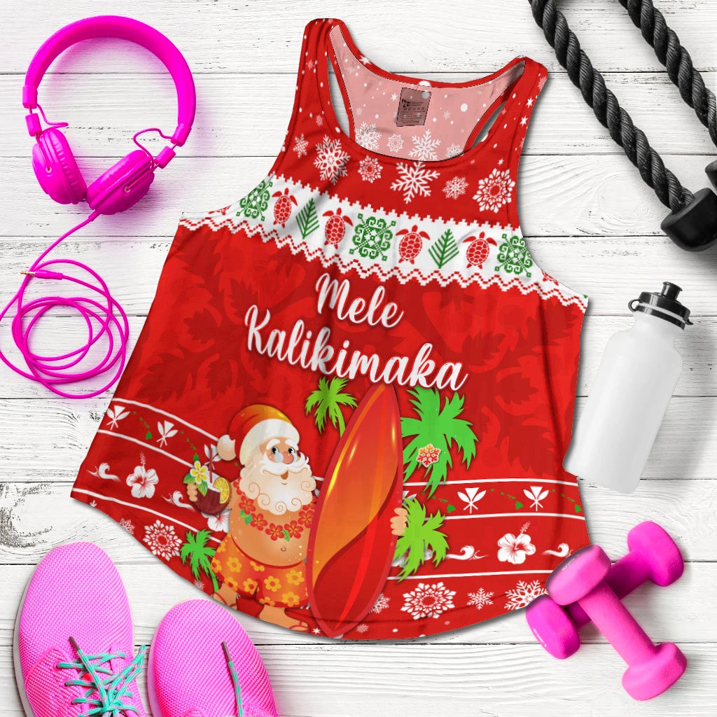 Red racerback tank top with Santa surfing 'Mele Kalikimaka' holiday print and scoop neck
