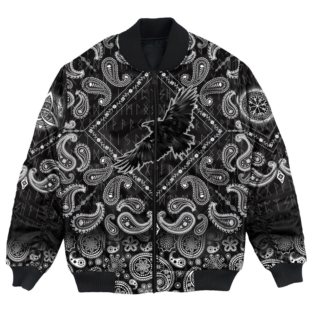 Viking Bomber Jacket Raven Bird In Flight with Bandana Paisley Style RLT12 - Wonder Print Shop