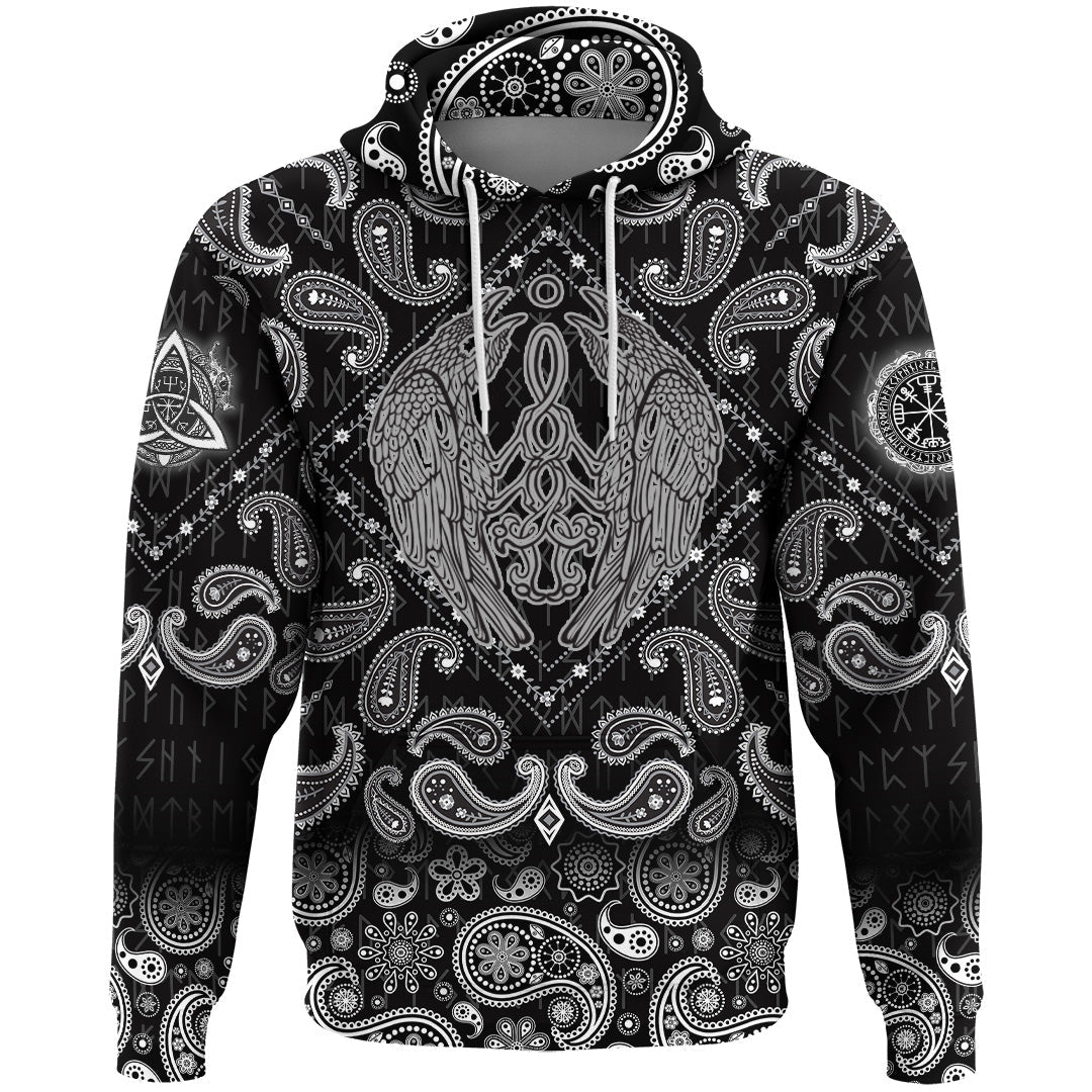 Viking Hoodie Raven Catching Sun Reflection Celtic Knot Black and White with Bandana Paisley Style RLT12 - Wonder Print Shop