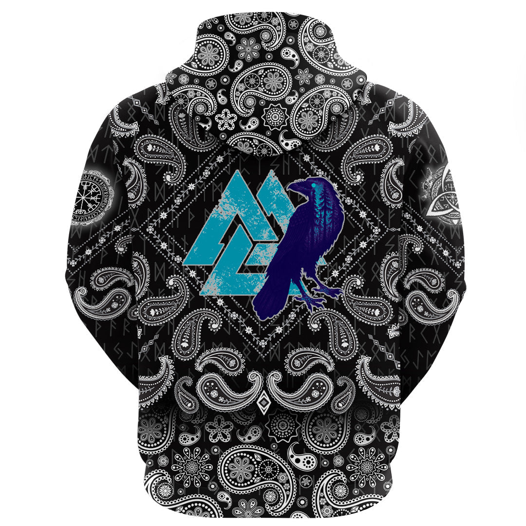 Viking Hoodie Raven Skull and Valknut Symbol with Bandana Paisley Style RLT12 - Wonder Print Shop