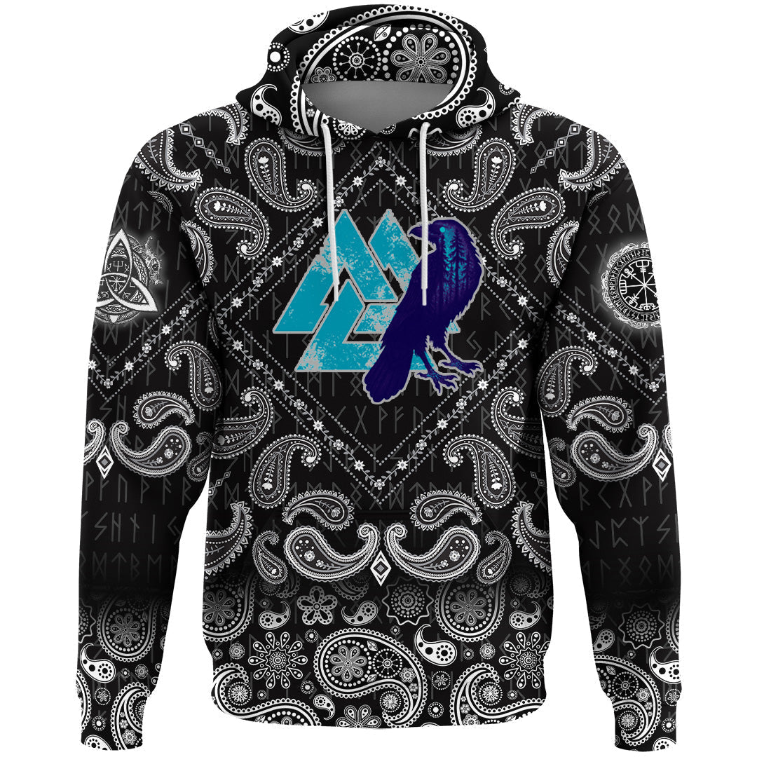 Viking Hoodie Raven Skull and Valknut Symbol with Bandana Paisley Style RLT12 - Wonder Print Shop