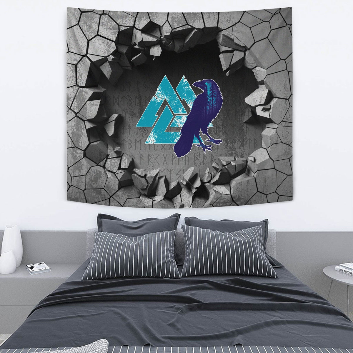 Viking Tapestry - Raven Catching Sun Reflection Celtic Knot Black and White Tapestry RLT12 - Wonder Print Shop