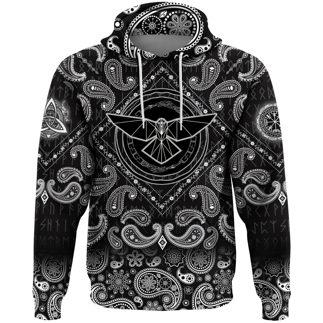 Viking Hoodie Raven With Open Wings Against Sacred Sign Of Vikings with Bandana Paisley Style RLT12 - Wonder Print Shop