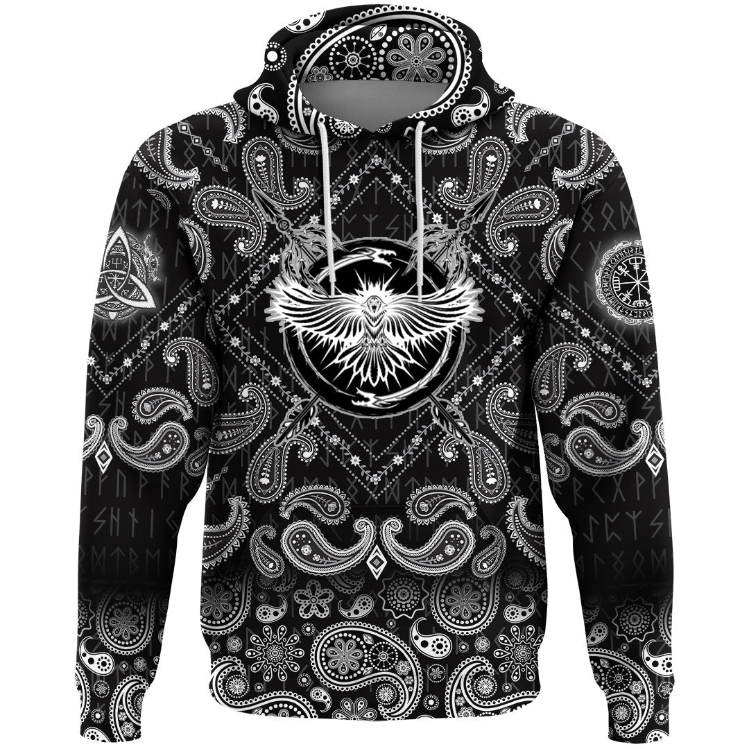 Viking Hoodie Raven With Open Wings Sacred Sign Of Viking with Bandana Paisley Style RLT12 - Wonder Print Shop