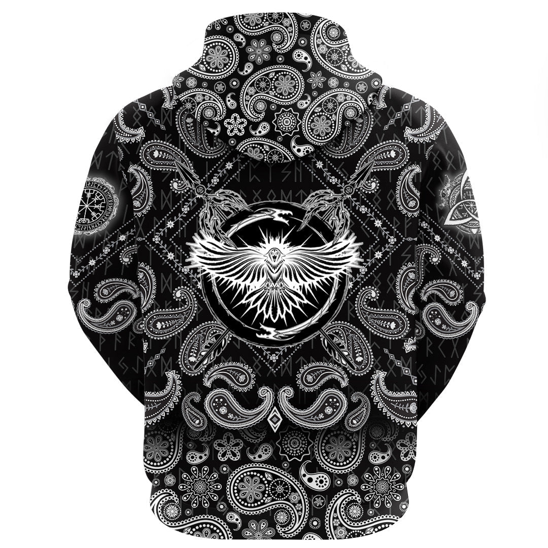 Viking Hoodie Raven With Open Wings Sacred Sign Of Viking with Bandana Paisley Style RLT12 - Wonder Print Shop