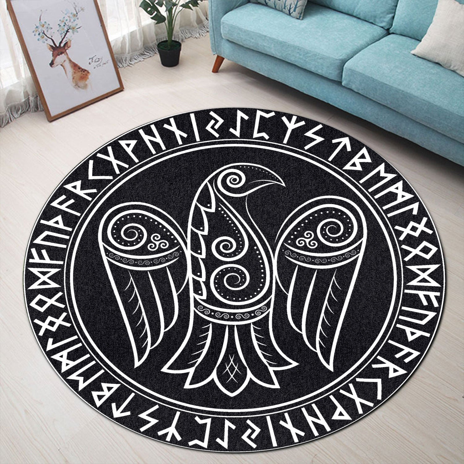 viking-carpet-raven-in-celtic-scandinavian-style-and-norse-runes-round-carpet