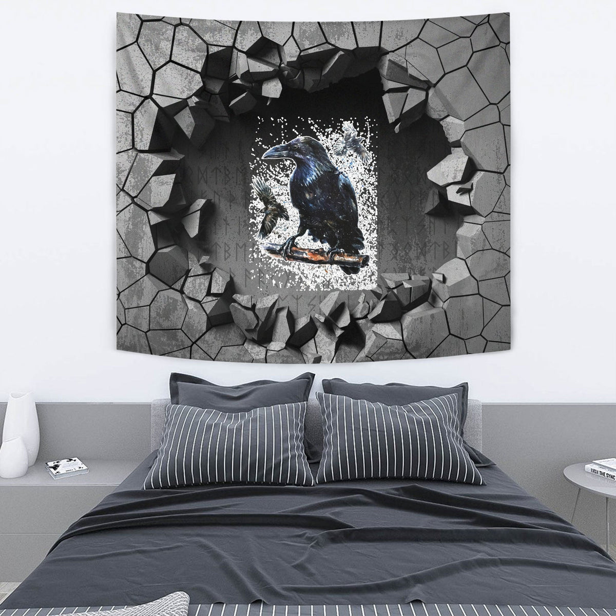 Viking Tapestry - Raven With Open Wings Against Sacred Sign Of Vikings Tapestry RLT12 - Wonder Print Shop