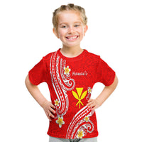 Red Hawaiian T-shirt with white tribal lines, yellow star cross, and 'Hawaii' text