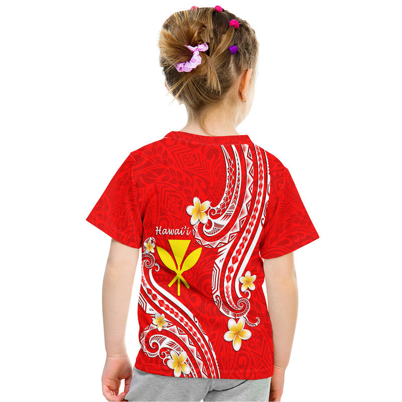 Kids red Hawaiian T-shirt back with white tribal waves and yellow cross plus flowers