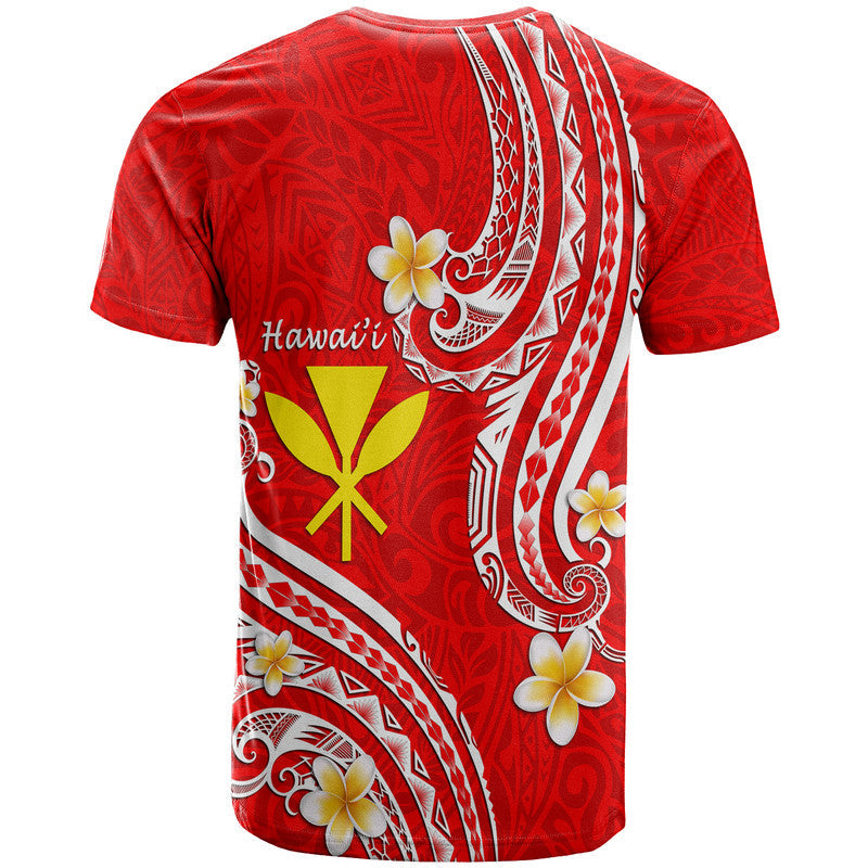 Red Hawaiian graphic T-shirt back with white tribal pattern, flowers, and yellow cross