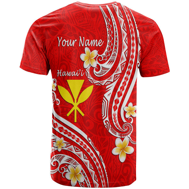 Red Hawaiian T-shirt back with 'Your Name', 'Hawaii' text, tribal print, and flowers