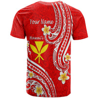 Red Hawaiian T-shirt back with 'Your Name', 'Hawaii' text, tribal print, and flowers