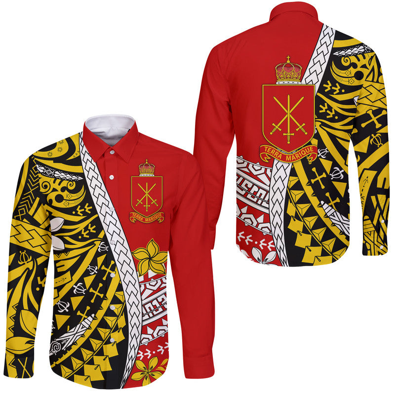 Tonga Terra Marique Hawaii Long Sleeve Button Shirt Red Polynesian Minimalist Style - Wonder Print Shop