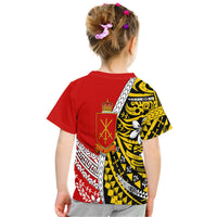Kids Red T-shirt back view with crest and gold, black, white print