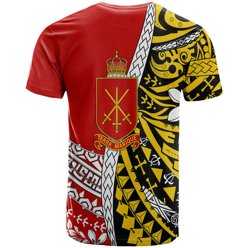 Red T-shirt with large front crest, gold and black patterned side panel