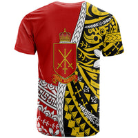 Red T-shirt with large front crest, gold and black patterned side panel
