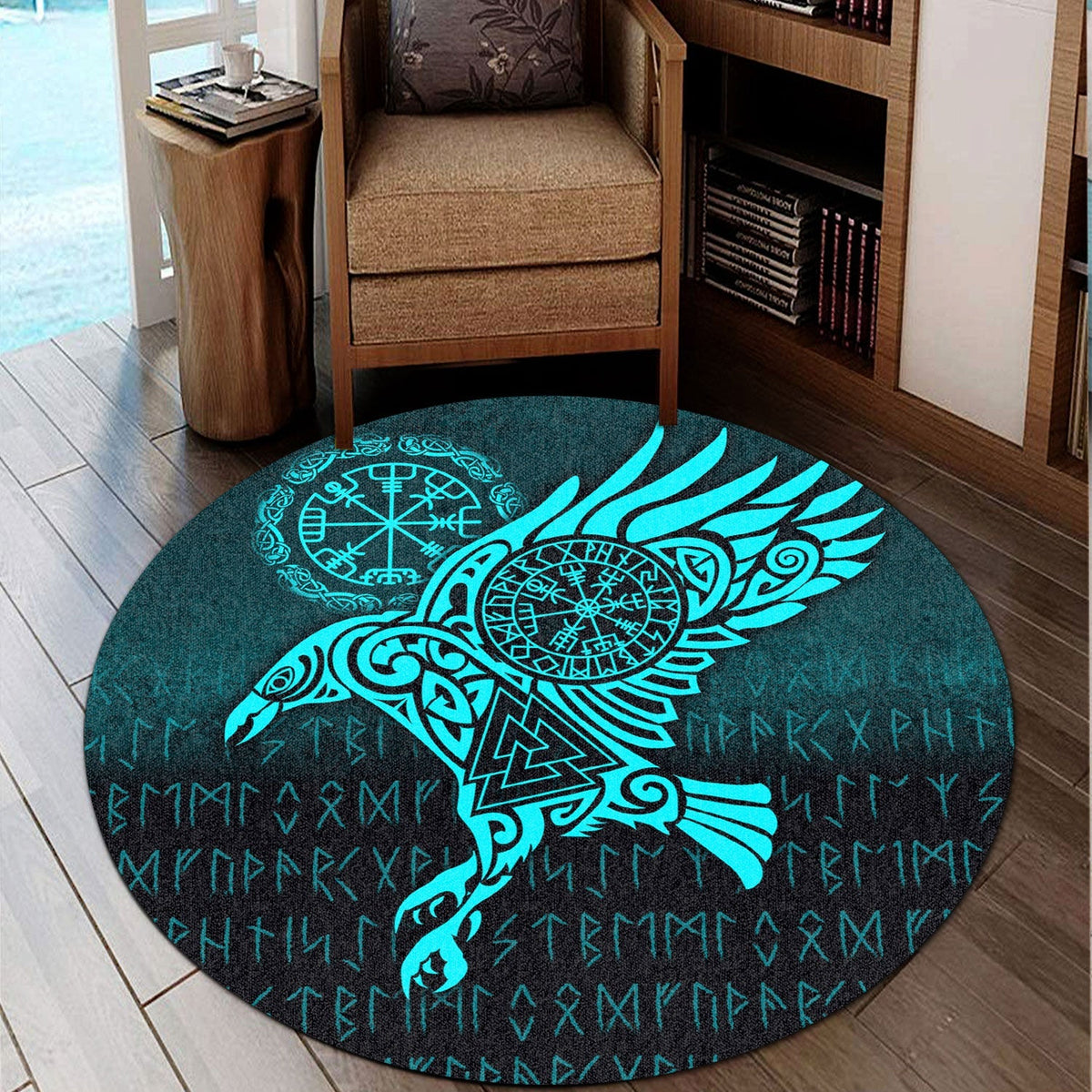 viking-round-carpet-raven-vegvisir-tattoo-cyan-version-round-carpet