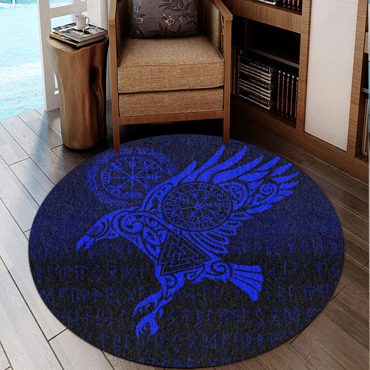 viking-round-carpet-raven-vegvisir-tattoo-blue-version-round-carpet