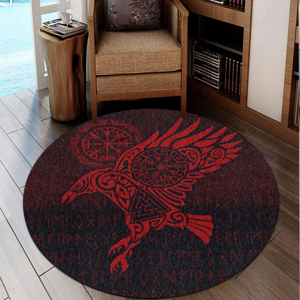 viking-round-carpet-raven-vegvisir-tattoo-red-version-round-carpet