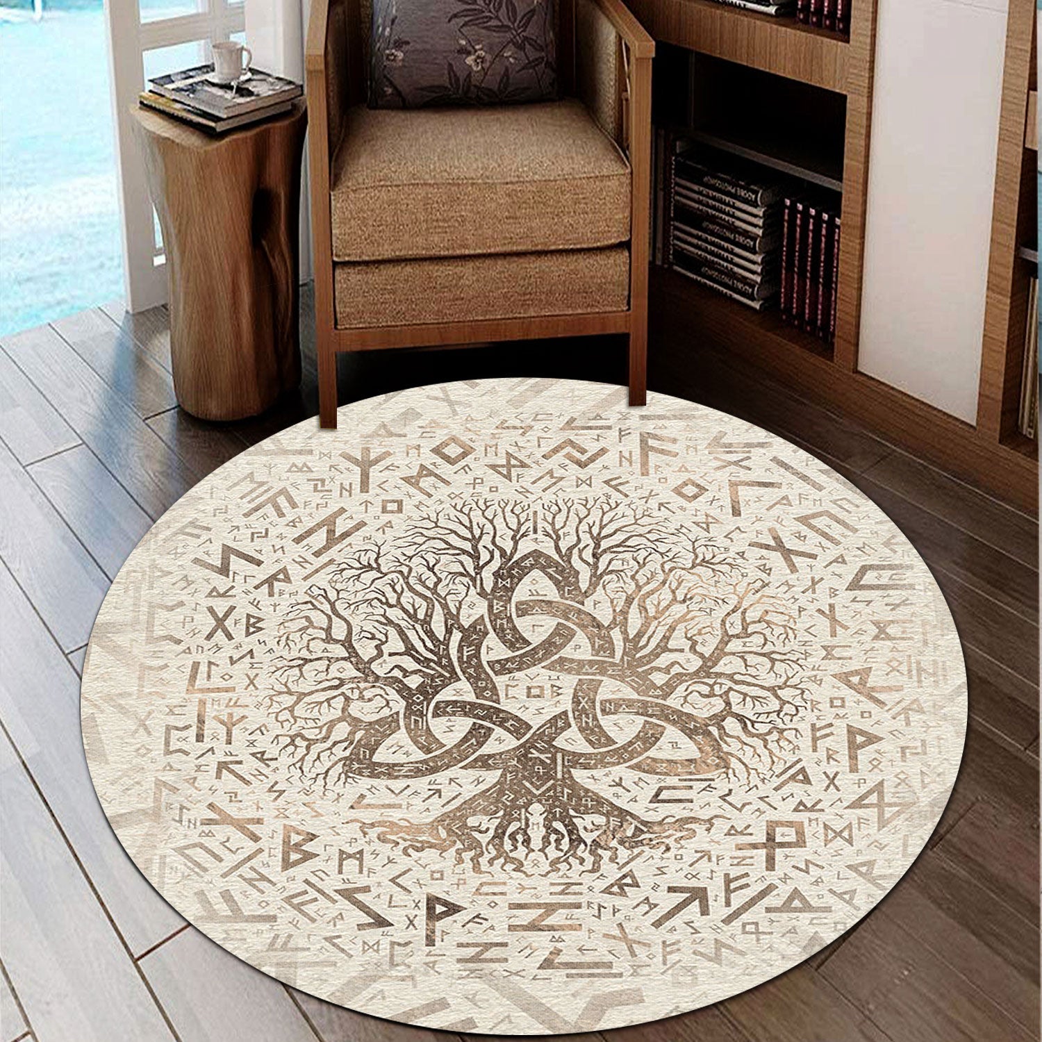 viking-round-carpet-tree-of-life-with-triquetra-and-futhark-pastel-gold-round-carpet