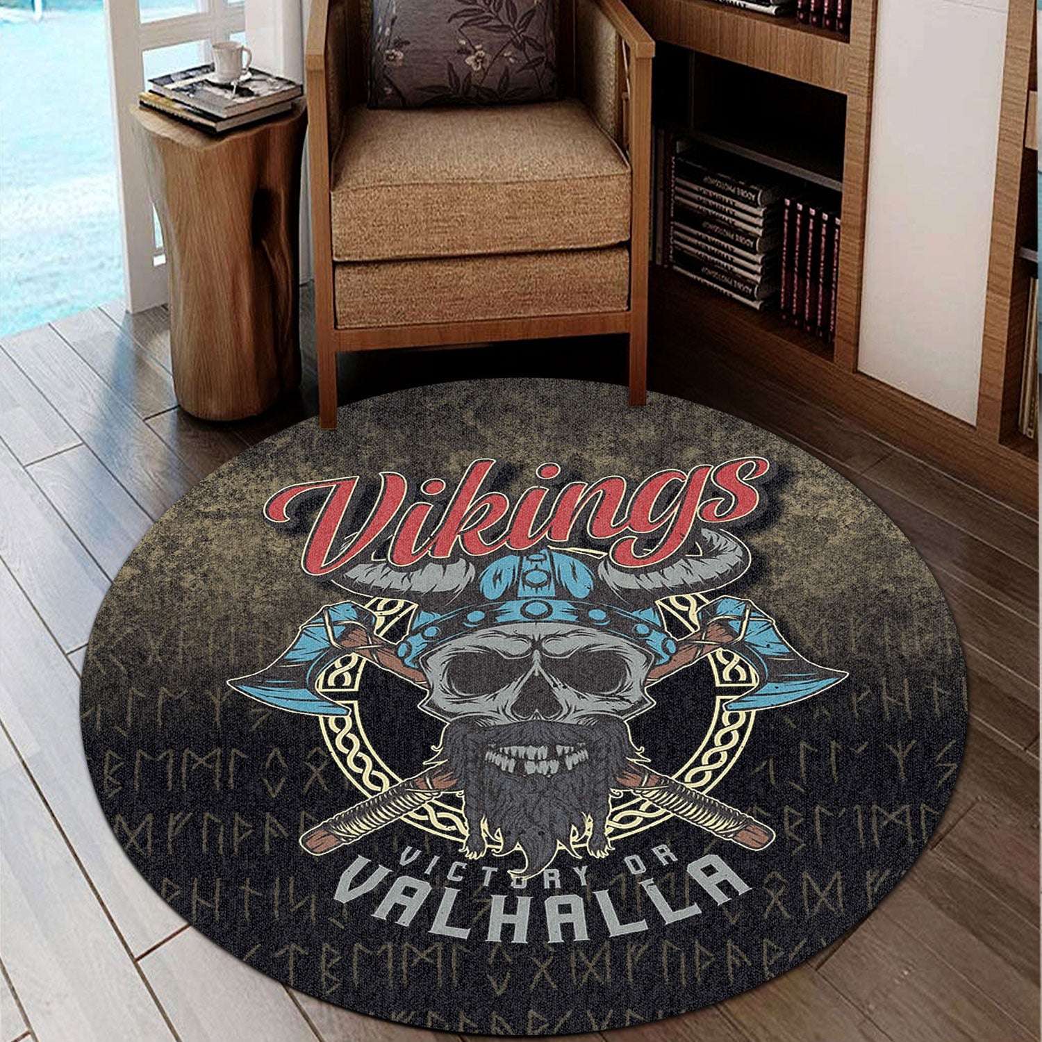 wonder-print-round-carpet-vikings-victory-or-valhalla-skull-with-crossed-axe-round-carpet