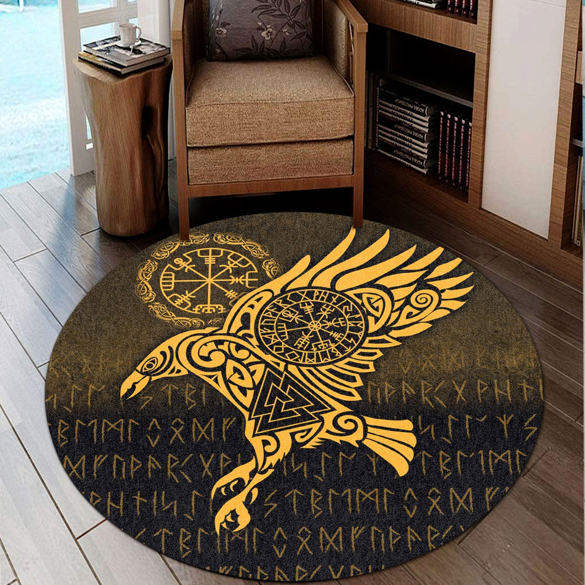 viking-round-carpet-raven-vegvisir-tattoo-gold-version-round-carpet