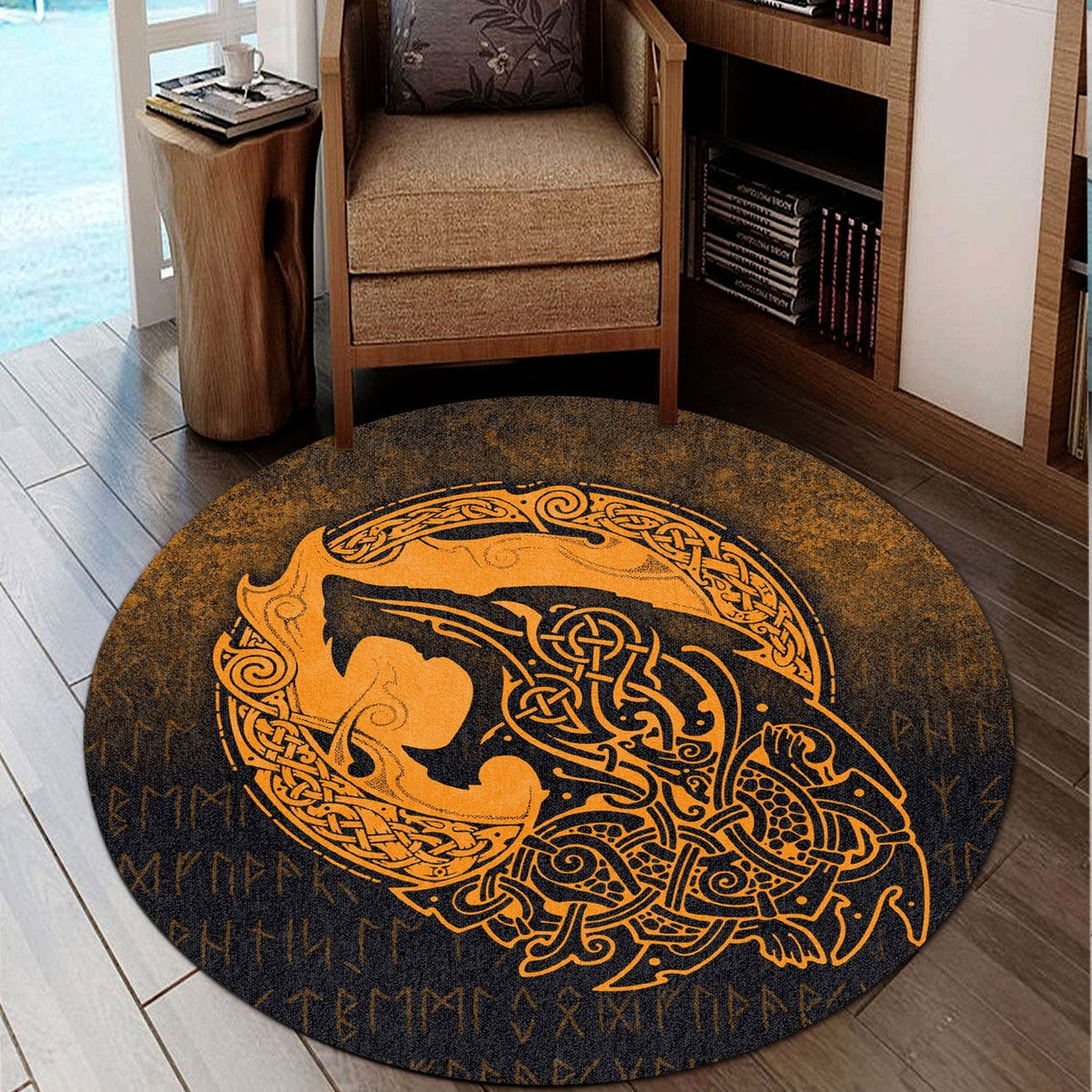 viking-round-carpet-fenrir-viking-3d-tattoo-gold-version-round-carpet